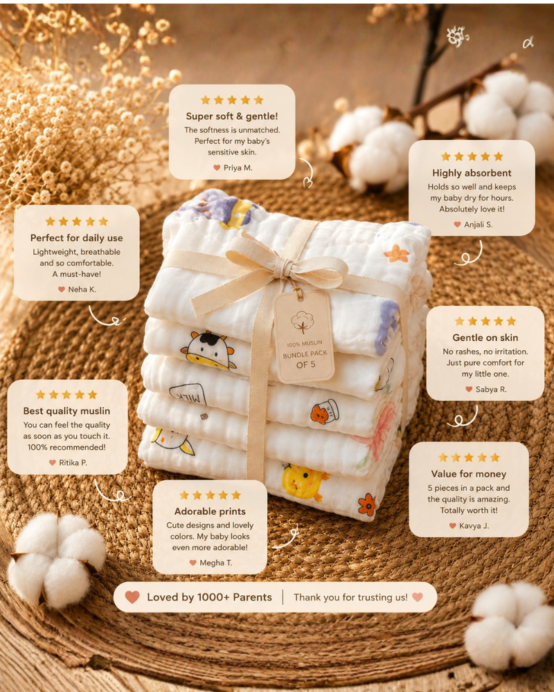 Ultra Soft Muslin Baby Langot | Rash-Free & Breathable Cloth Nappy | Reusable & Washable (Pack of 5)