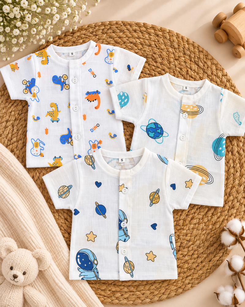 Pack of 3: Avocado Mulslin Jabla Button Baby Tshirt