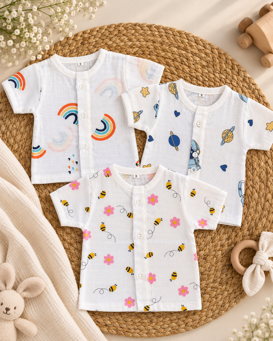 Pack of 3: Mulslin Jabla Button Baby Tshirt