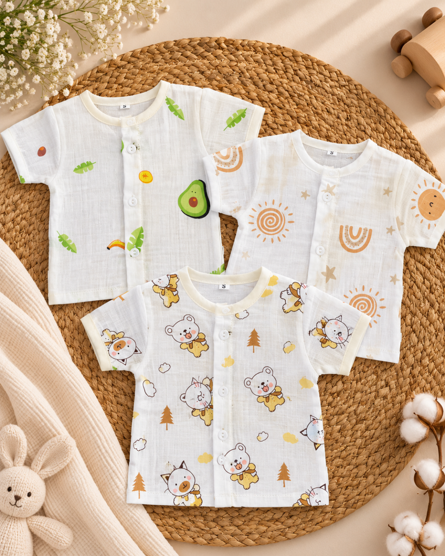 Pack of 3: Avocado Mulslin Jabla Button Baby Tshirt