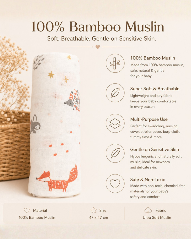 🌿 8 in 1 Ultra Soft Bamboo Muslin Swaddle Combo – Pack of 3