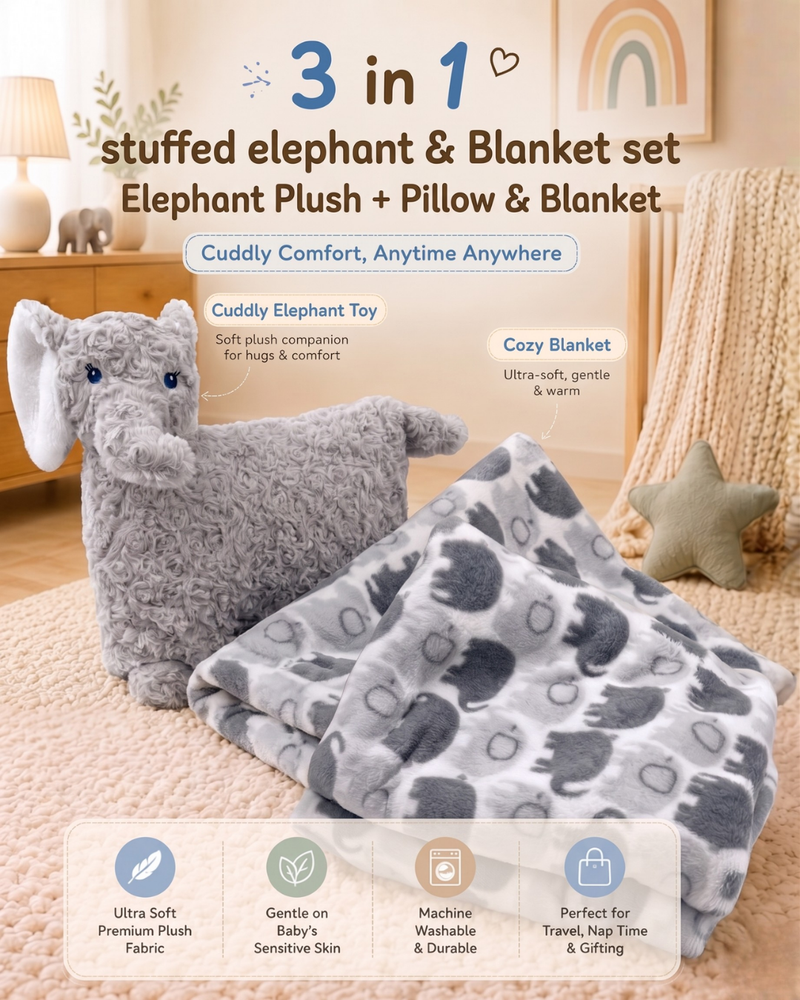 3 in 1 Pillow Artic Misty Elephant With Blanket ☁️🤍