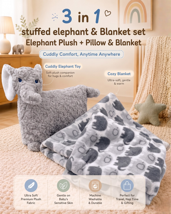 3 in 1 Pillow Artic Misty Elephant With Blanket ☁️🤍
