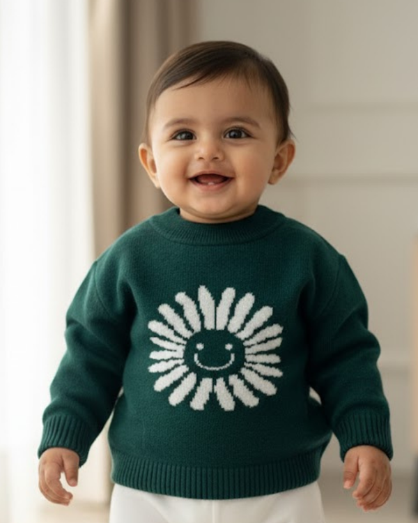 Green Daisy Winter Knit Baby Sweater : Soft, Stylish & Made for Cozy Days