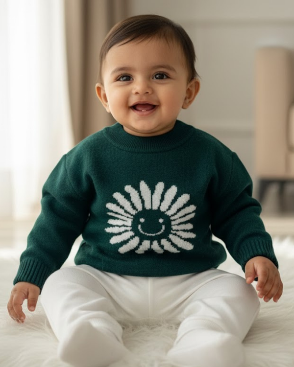 Green Daisy Winter Knit Baby Sweater : Soft, Stylish & Made for Cozy Days