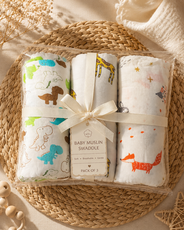 🌿 8 in 1 Ultra Soft Bamboo Muslin Swaddle Combo – Pack of 3