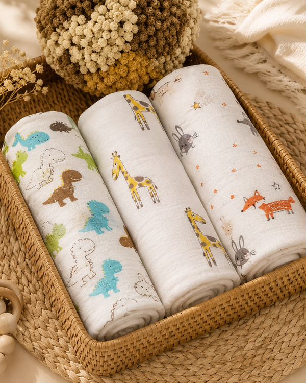 🌿 8 in 1 Ultra Soft Bamboo Muslin Swaddle Combo – Pack of 3