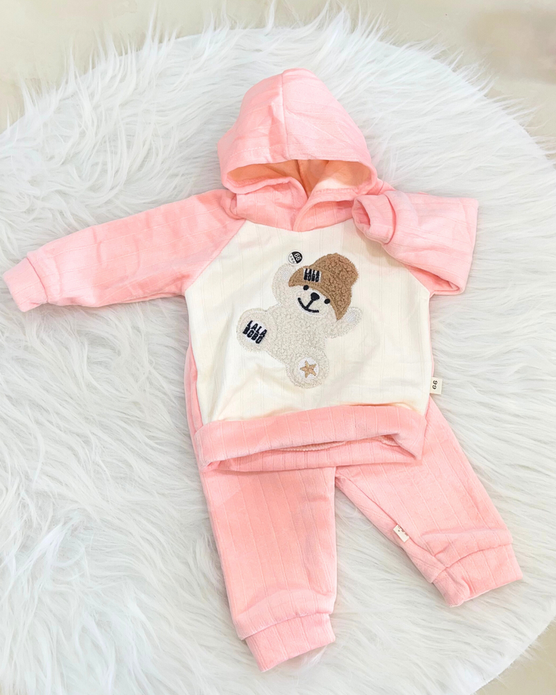 SnuggleBear pink Fleece Hood Set premium Full Outfit ( Hood + Trouser)