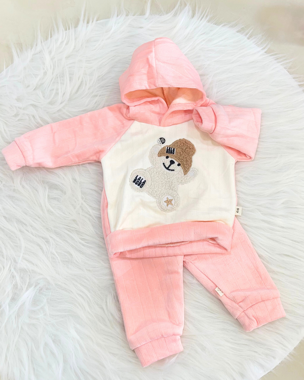 SnuggleBear pink Fleece Hood Set premium Full Outfit ( Hood + Trouser)