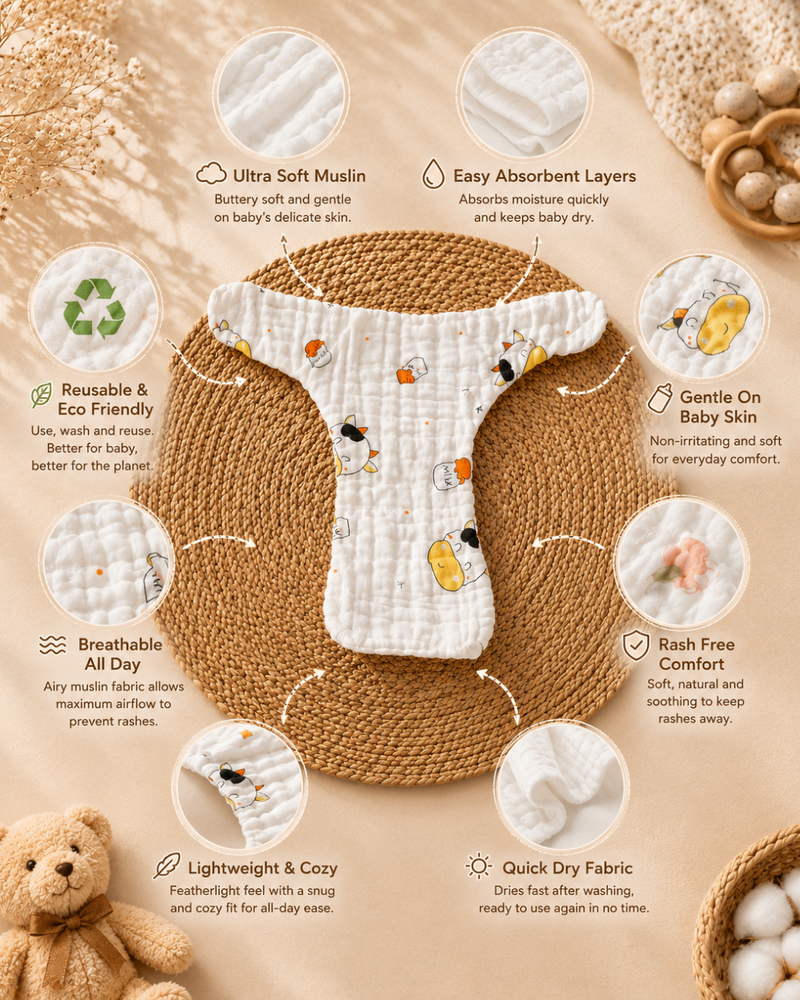 Ultra Soft Muslin Baby Langot | Rash-Free & Breathable Cloth Nappy | Reusable & Washable (Pack of 5)