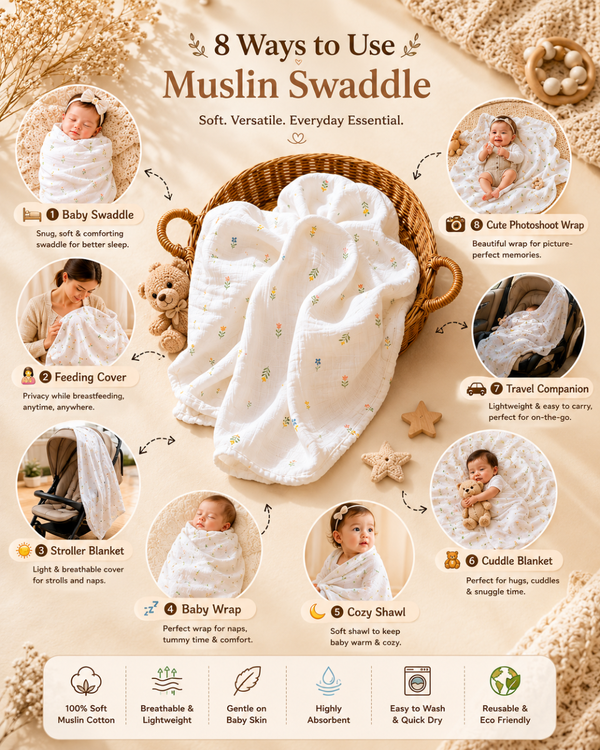 🌿 8 in 1 Ultra Soft Bamboo Muslin Swaddle Combo – Pack of 3
